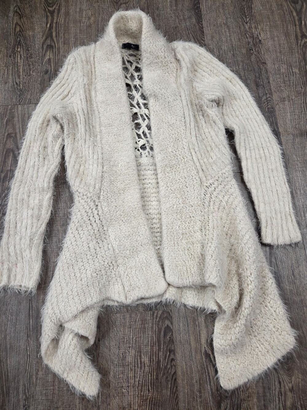 RYU Super Soft Cashmere-Like Crochet Back Cardigan Sweater Cream Beige M/L
